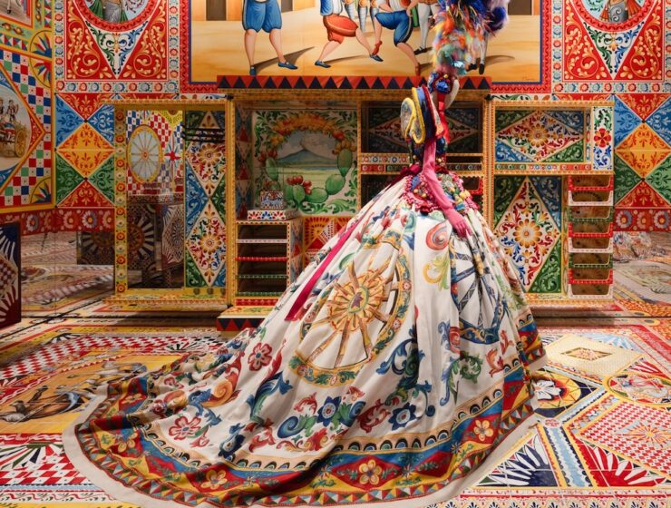 Sicilian-inspired Dolce & Gabbana Alta Moda gown featured in From the Heart to the Hands exhibition at ICA Miami, showcasing Italian craftsmanship, folklore, and colorful Sicilian traditions.
