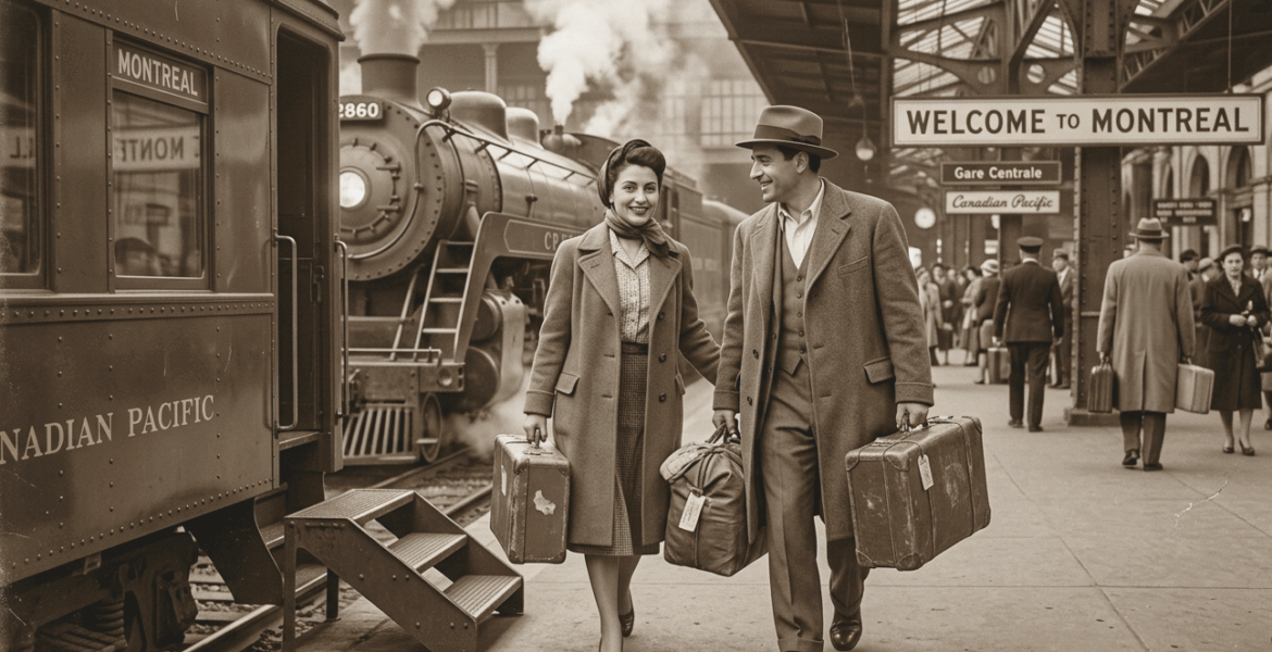 A sepia photograph of a smiling immigrant couple with suitcases on a train platform next to a Canadian Pacific locomotive, illustrating the history of the Italian-Canadian community.
