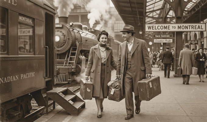 A sepia photograph of a smiling immigrant couple with suitcases on a train platform next to a Canadian Pacific locomotive, illustrating the history of the Italian-Canadian community.