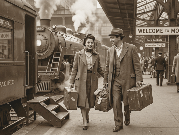 A sepia photograph of a smiling immigrant couple with suitcases on a train platform next to a Canadian Pacific locomotive, illustrating the history of the Italian-Canadian community.