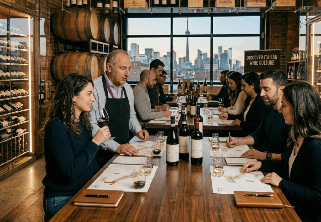 An educational Italian wine tasting masterclass overlooking the Toronto skyline.