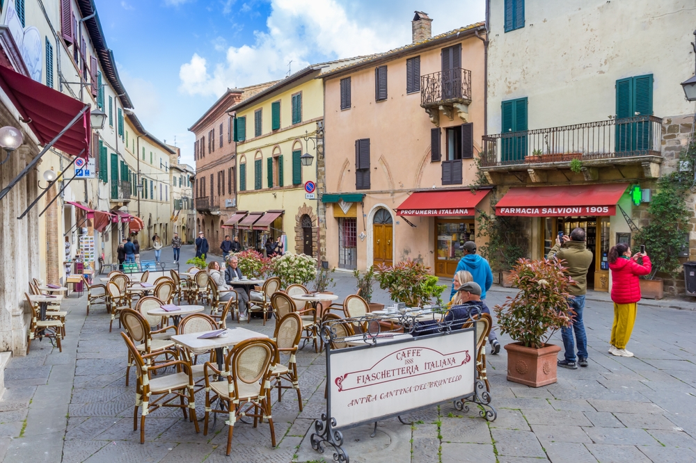 Cafe on the historic Popolo square in Montalcino, Italy