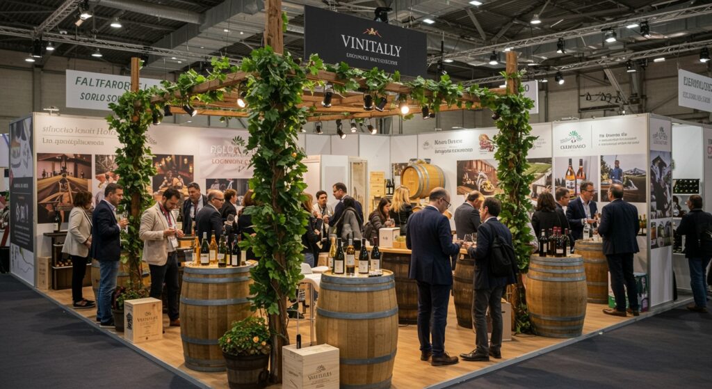 Visitors and wine producers gather at an exhibition stand during Vinitaly 2026 at Veronafiere in Verona, Italy.