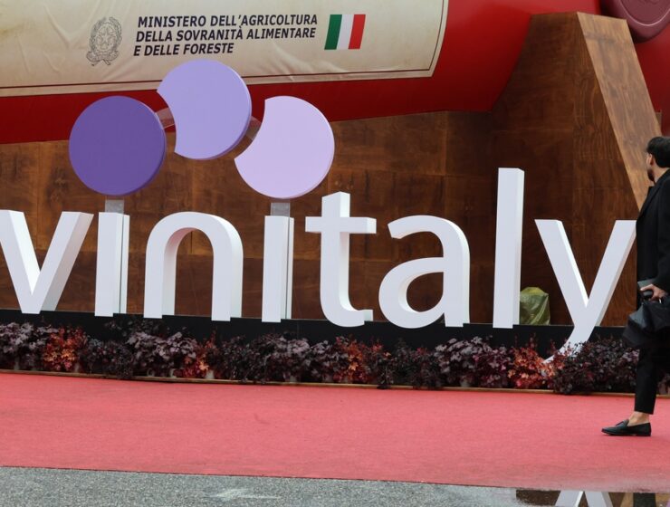 Close-up of the Vinitaly 2026 sign at Veronafiere in Verona, with the Italian Ministry of Agriculture logo in the background during Italy’s leading wine trade fair.