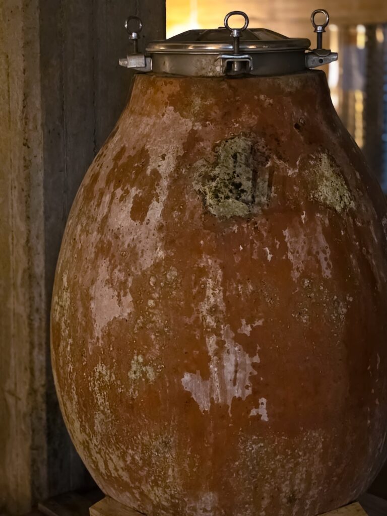 Traditional amphora used for wine aging at Mevante in Umbria