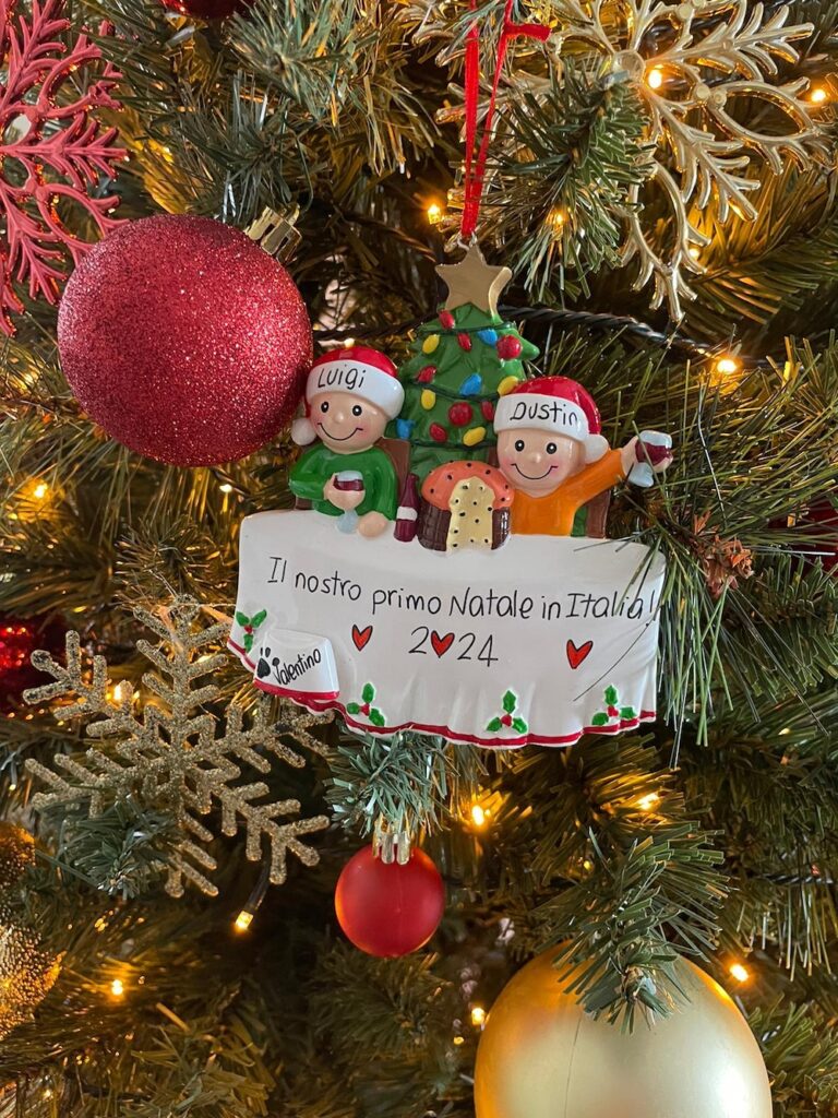 Personalized Christmas ornament celebrating Dustin and Luigi's first Christmas in Italy