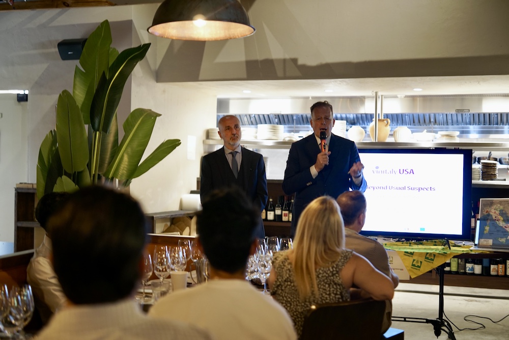 Federico Bricolo, President of Veronafiere, speaks alongside Marco Verna, Director of the Italian Trade Agency (ITA) Miami Office, during the Vinitaly.USA Miami Preview.