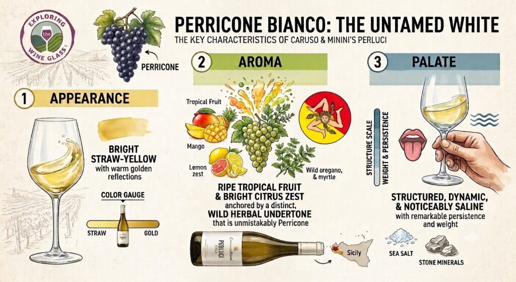 Perricone Bianco tasting profile showing color, tropical fruit, citrus, herbs and saline minerality