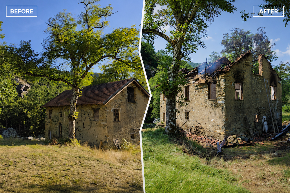 Ligurian watermill before and after the 2026 fire that destroyed its roof