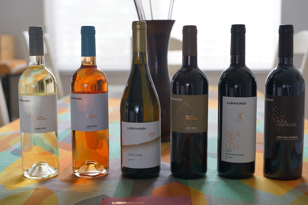 Six bottles of Librandi wines from Calabria, including Cirò Bianco, Cirò Rosato, Critone, Cirò Rosso Classico, Gravello and Duca Sanfelice.