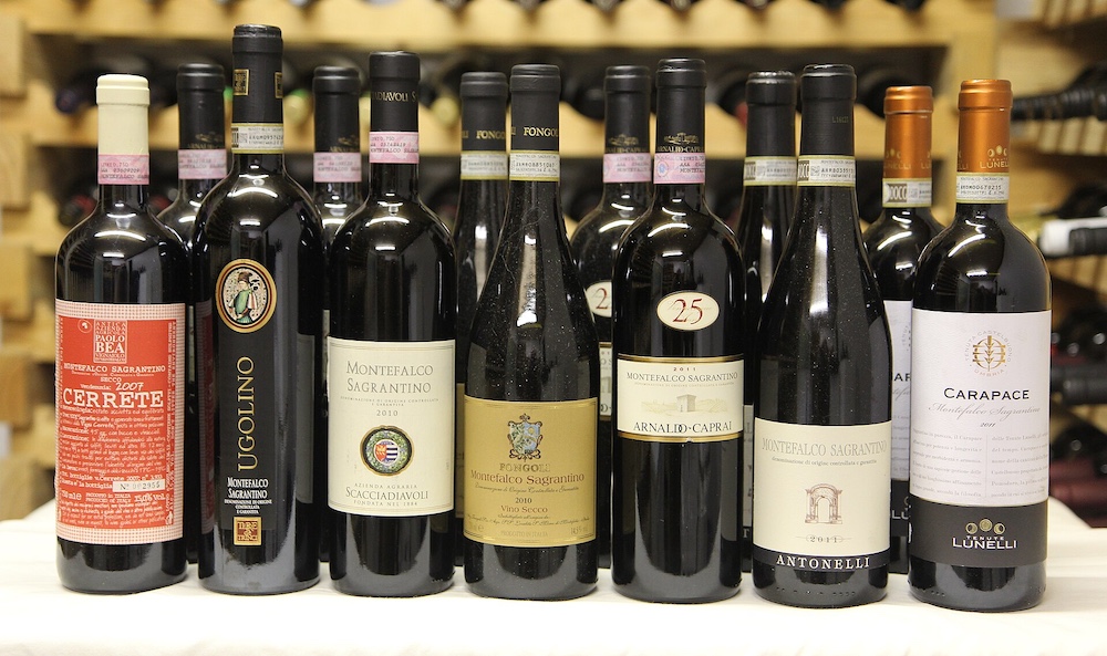 Selection of Montefalco Sagrantino red wine bottles from Umbria, Italy.
