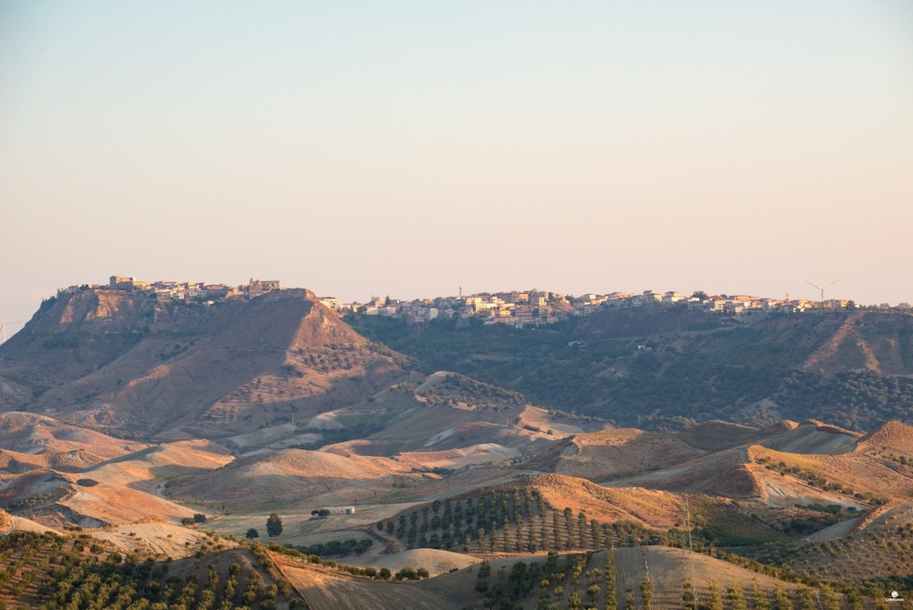 Hilltop town overlooking the vineyards and rolling agricultural landscape of Calabria, Italy.