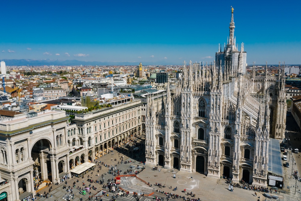 Aerial view of Milan Cathedral and Piazza del Duomo in Milan, Italy.